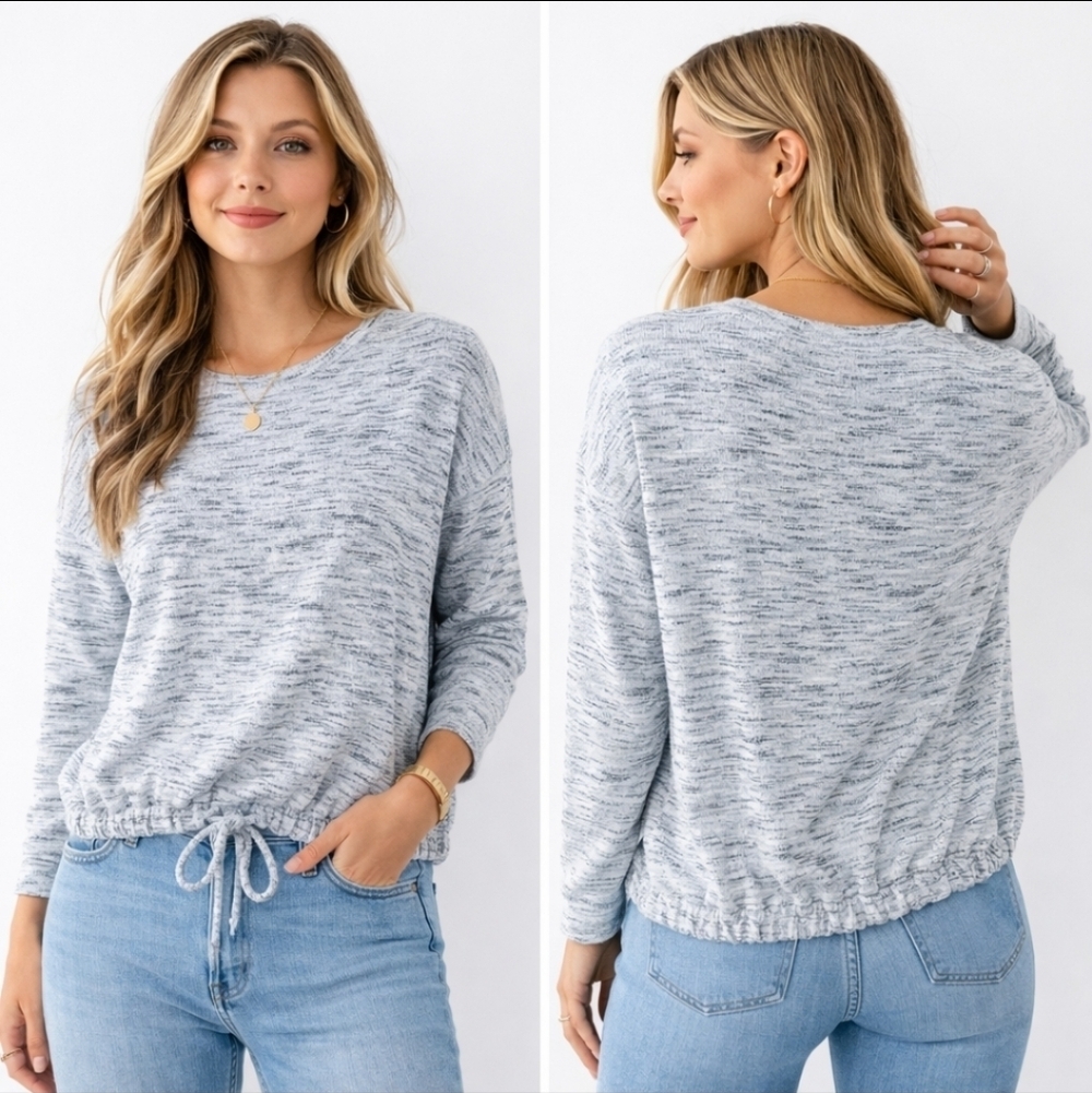 Lucky Brand Gray Marled Drawstring Hem Top XS Cozy Casual Clean Girl Minimalist